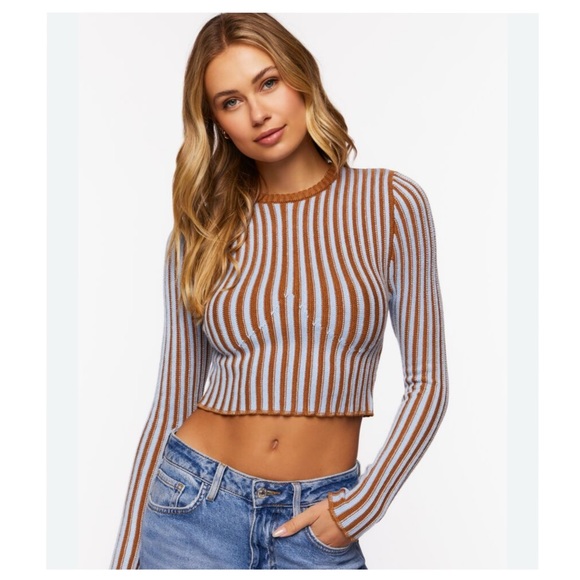 NWT Forever 21 Striped Ribbed Long Sleeve Crop Sweater Blue/Brown Small - Picture 1 of 4
